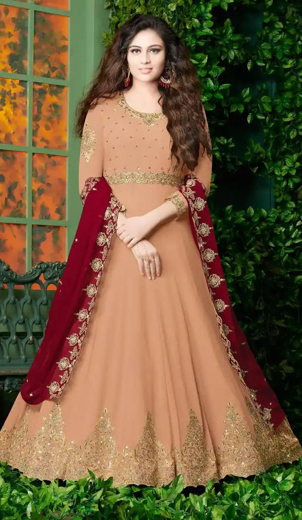 Floor Length Designer Pakistani Abaya Georgette Salwar Kameez in Peach - 59609035