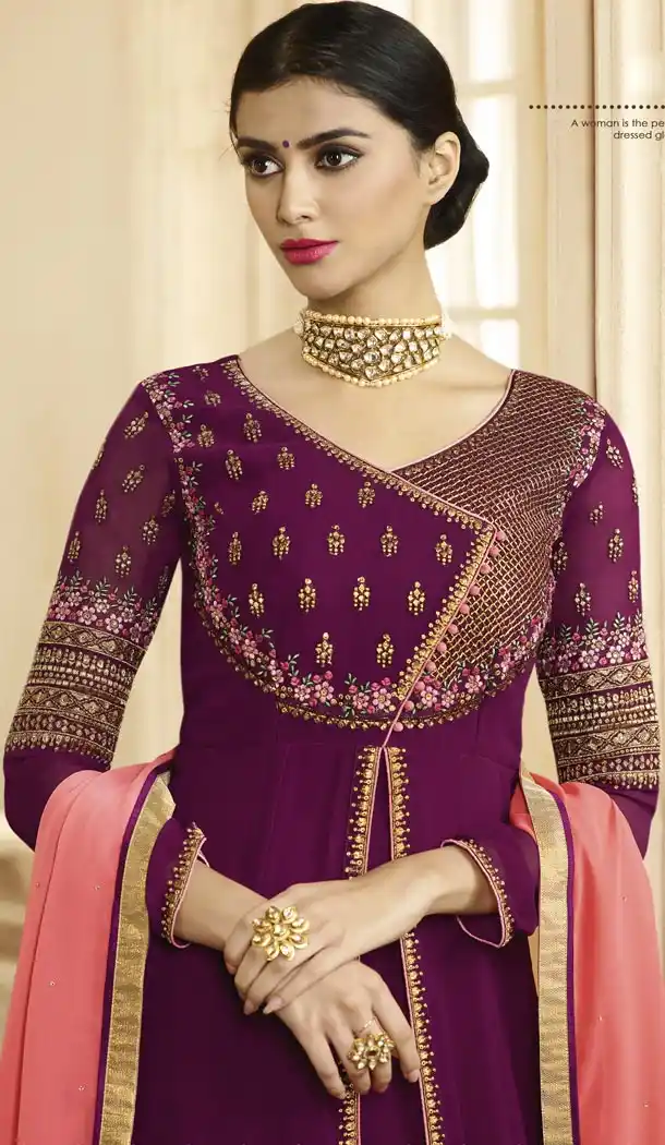 Designer Floor Length Wine Color Georgette Salwar Kameez - 59448845