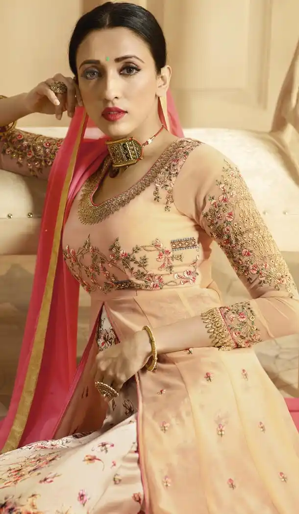Designer Floor Length Prussian Light Peach Color Georgette Salwar Kameez - 59448847