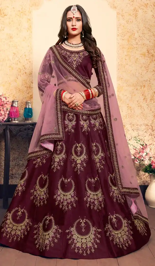Wine Color Satin Resham Embroidery Wedding Lehenga Choli - 59518927