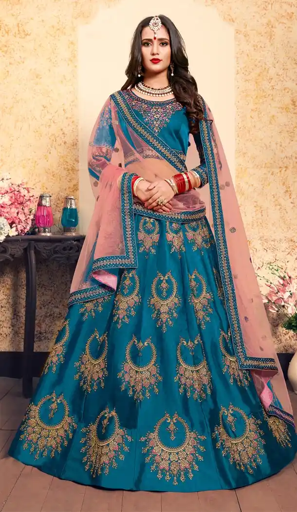 Blue Color Satin Resham Embroidery Wedding Lehenga Choli - 59518929