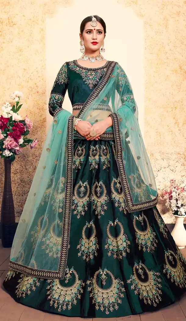 Fascinating Teal Green Color Satin Resham Embroidery Wedding Lehenga Choli - 59518930
