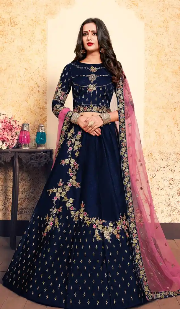 Magnificent Navy Blue Color Satin Resham Embroidery Wedding Lehenga Choli - 59518931