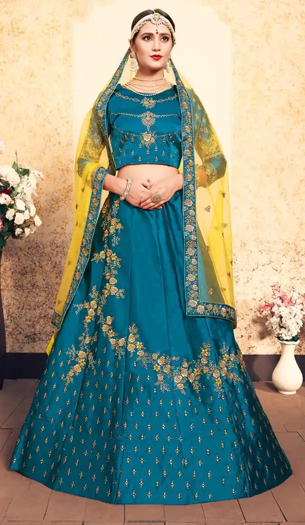 Gorgeous Blue Color Satin Resham Embroidery Wedding Lehenga Choli - 59518932