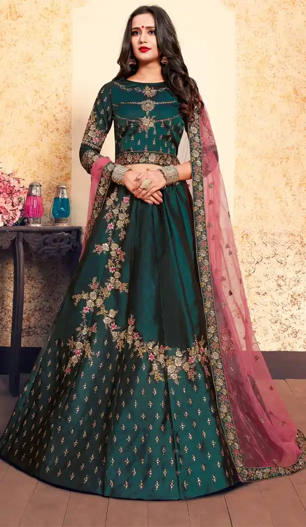 Sparkling Dark Teal Green Color Satin Resham Embroidery Wedding Lehenga Choli - 59518933