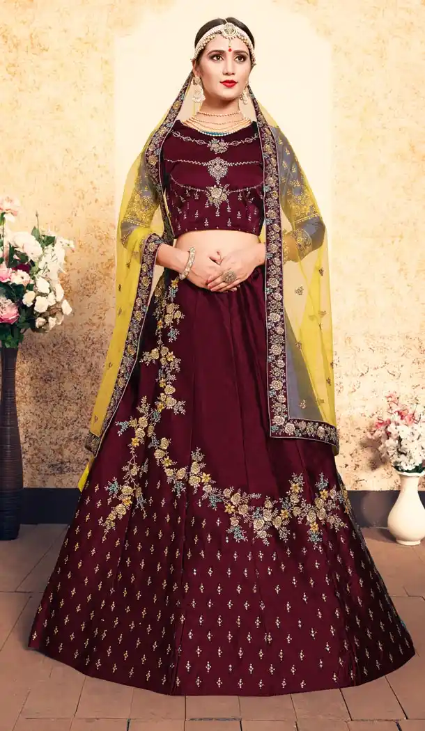 Attractive Maroon Color Satin Resham Embroidery Wedding Lehenga Choli - 59518934