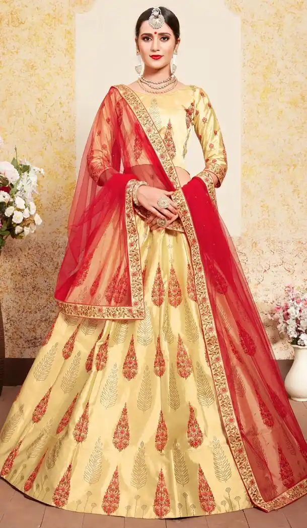 Alluring  Yellow Color Satin Resham Embroidery Wedding Lehenga Choli - 59518936