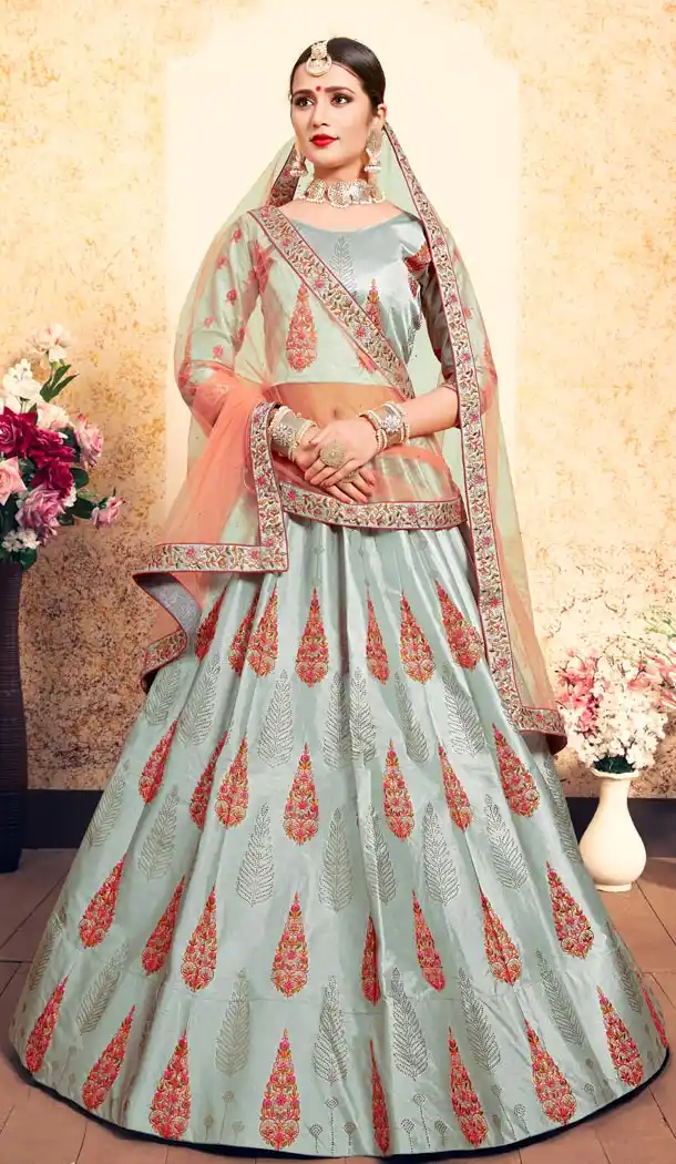 Classy Alluring Steel Blue Color Satin Resham Embroidery Wedding Lehenga Choli - 59518937
