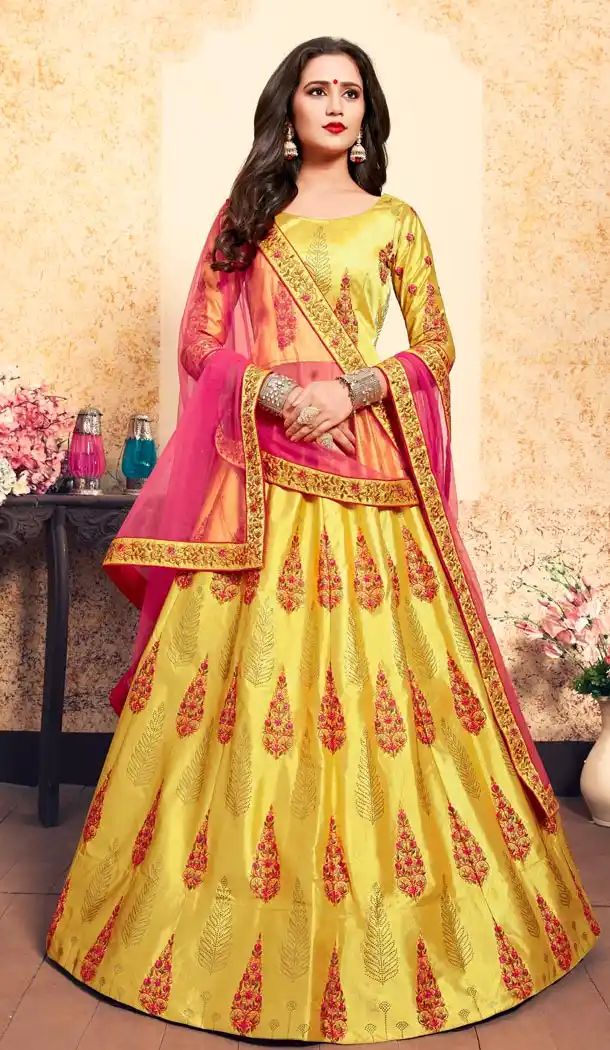 Chic Yellow Color Satin Resham Embroidery Wedding Lehenga Choli - 59518938