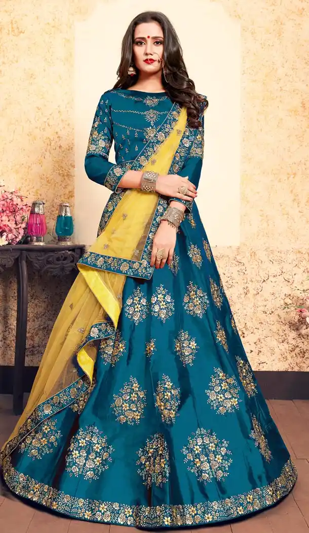 Ethnic Blue Color Satin Resham Embroidery Wedding Lehenga Choli - 59518939