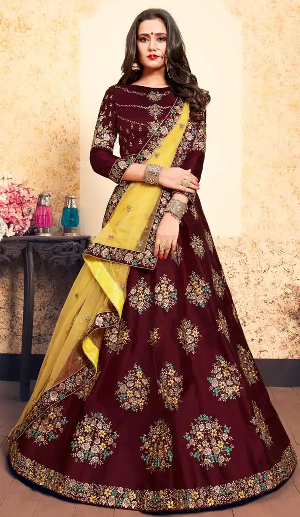 Alluring Maroon Color Satin Resham Embroidery Wedding Lehenga Choli - 59518940