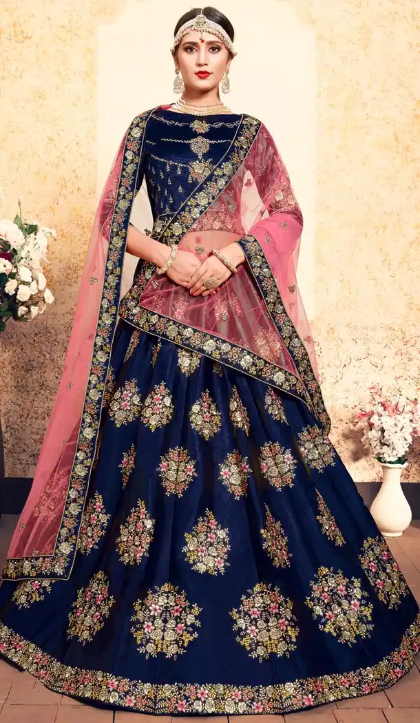 Majesty Blue Color Satin Resham Embroidery Wedding Lehenga Choli - 59518941