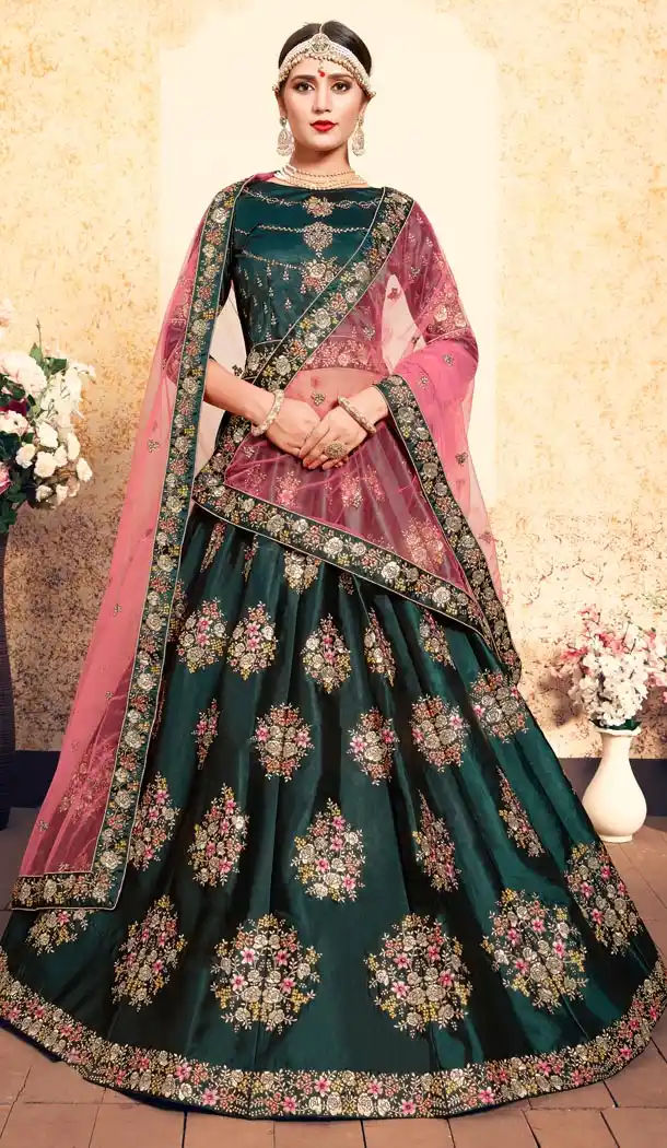 Majesty Teal Green Color Satin Resham Embroidery Wedding Lehenga Choli - 59518942