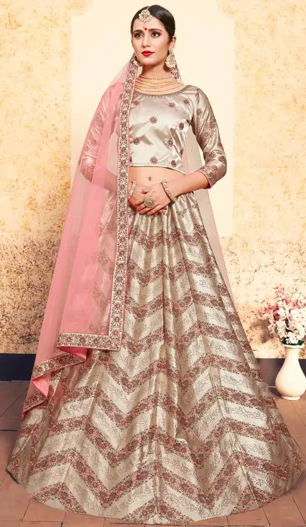 Light Beige Color Satin Resham Embroidery Wedding Lehenga Choli - 59518945