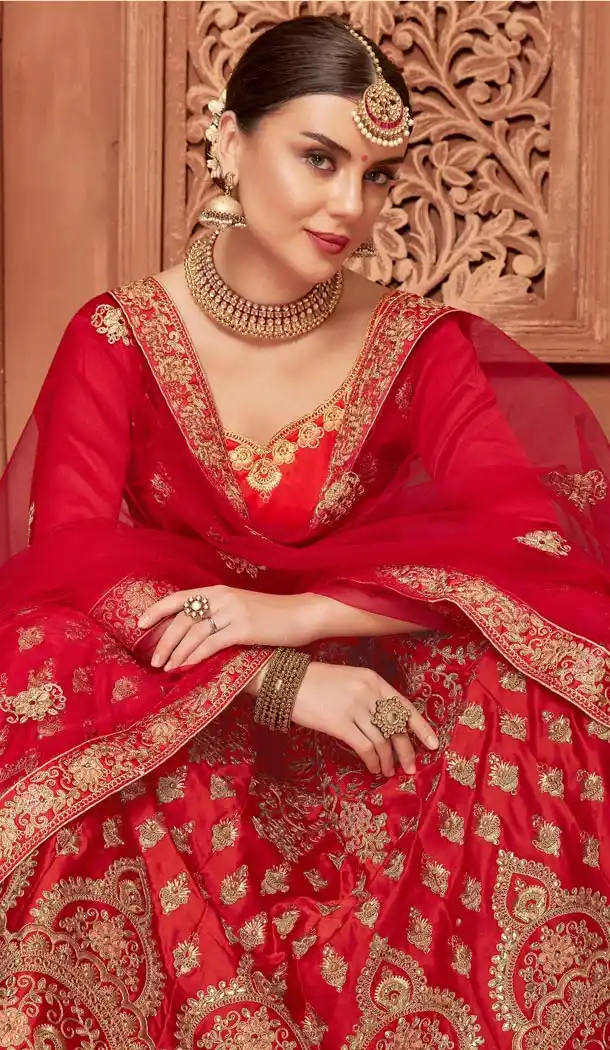 Red Color Satin Silk Embroidery Traditional Lehengas Choli For Women - 59528946