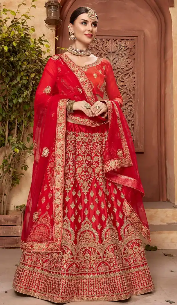 Red Color Satin Silk Embroidery Traditional Lehengas Choli For Women - 59528946