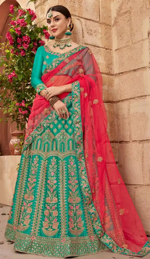 Turquoise Blue Color Satin Silk Embroidery Traditional Lehengas Choli For Women - 59528947