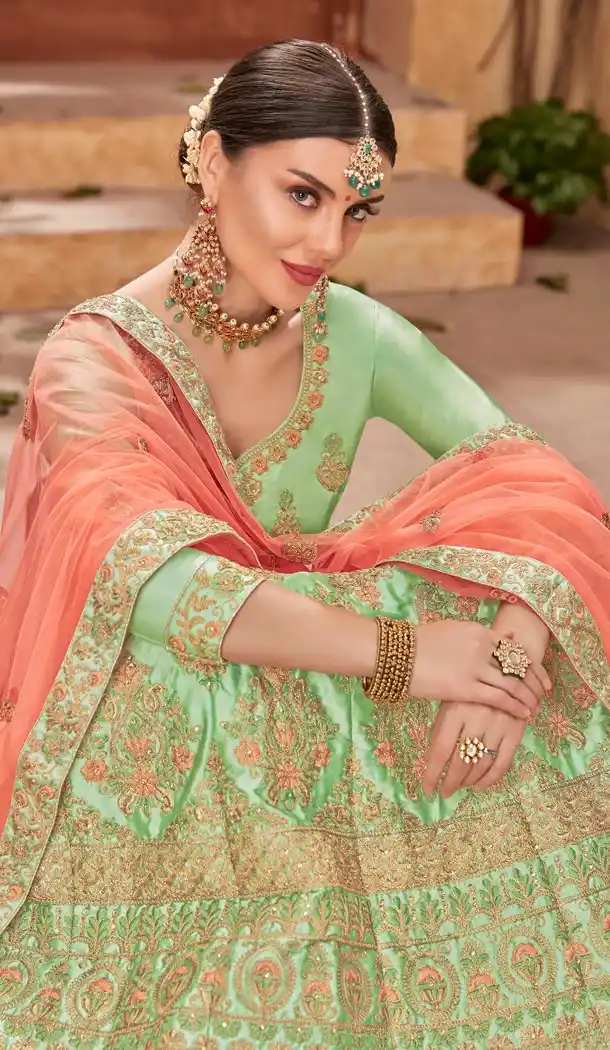 Light Green Color Satin Silk Embroidery Traditional Lehengas Choli For Women - 59528950