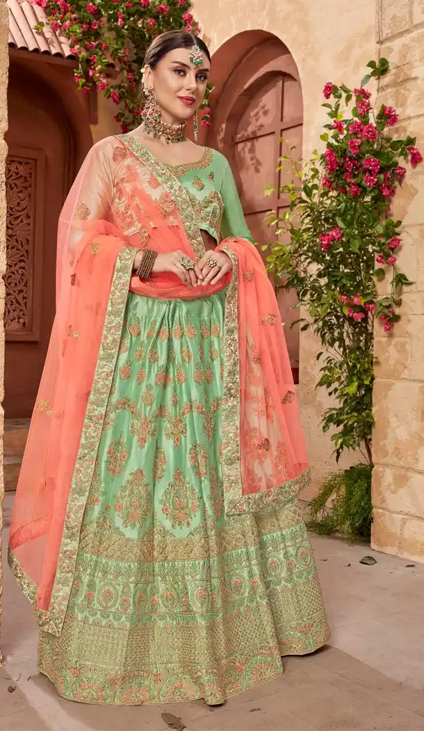 Light Green Color Satin Silk Embroidery Traditional Lehengas Choli For Women - 59528950