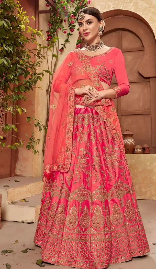 Dark Pink Color Satin Silk Embroidery Traditional Lehengas Choli For Women - 59528951