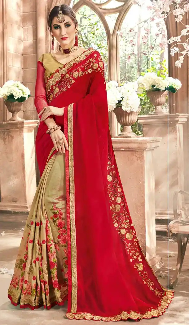 Red and Beige Color Georgette Embroidery Party Wear Saree Blouse - 59659079