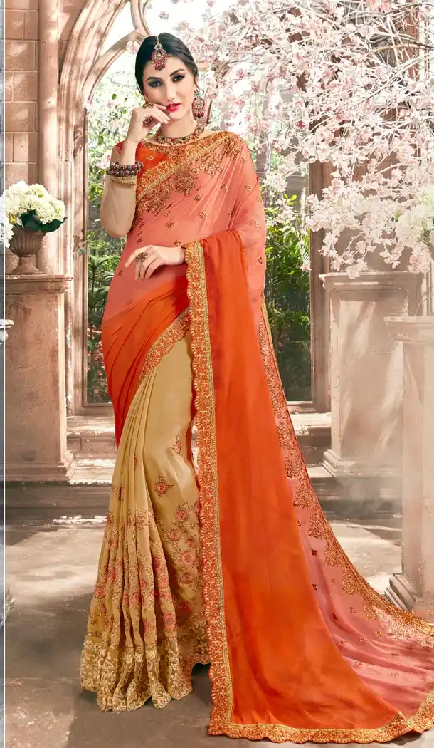 Peach and Orange Color Georgette Embroidery Party Wear Saree Blouse - 59659081