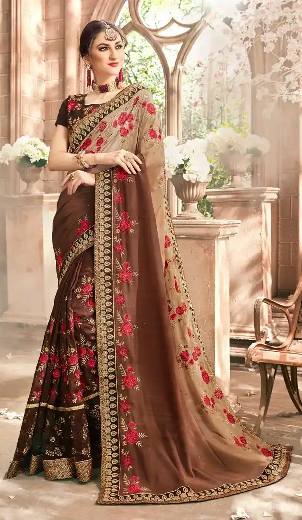 Beige and Brown Color Chiffon Embroidery Party Wear Saree Blouse - 59659082