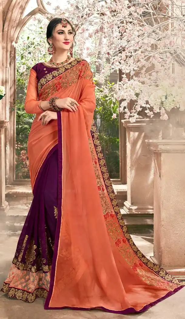 Peach and Purple Color Georgette Embroidery Party Wear Saree Blouse - 59659083