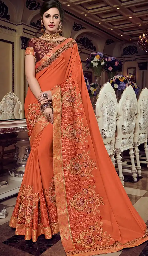 Adorable Orange Bright Georgette Party Wear Designer Saree - 405649036