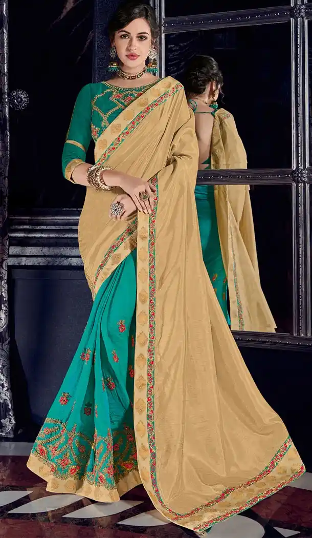Flamboyant Beige and Cyan TwoTone Silk Party Wear Designer Saree - 405649037