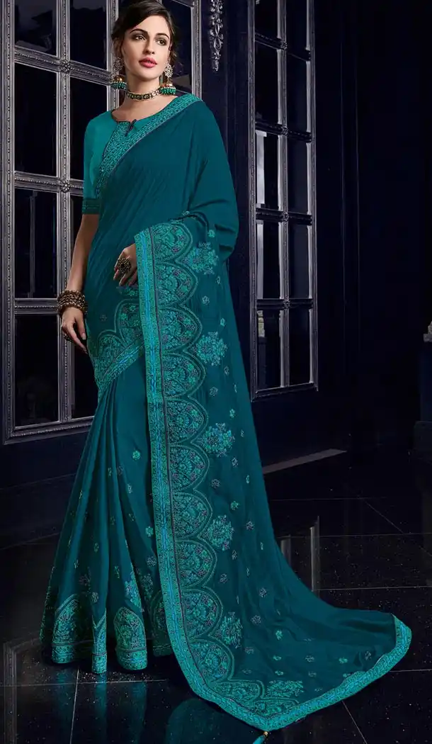 Mesmerizing Peacock Blue Color Silk Party Wear Designer Saree - 405649040