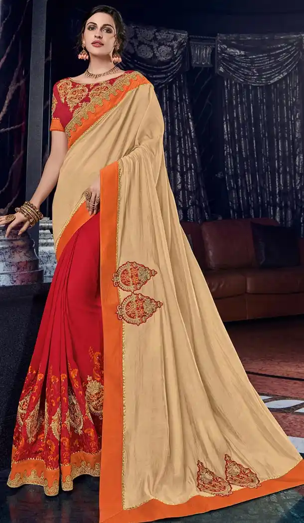 Elegant Beige and Red Color Silk Party Wear Designer Saree - 405649042