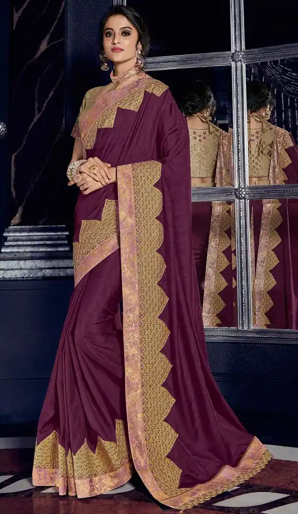 Contemporary Wine Color Silk Party Wear Designer Saree - 405649043