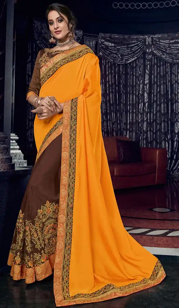 Chic Orange and Brown Color Silk Party Wear Designer Saree - 405649045