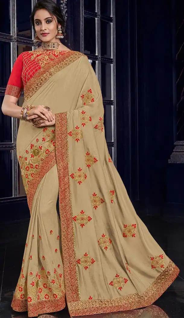 Contemporary Beige Color Silk Party Wear Designer Saree - 405649047