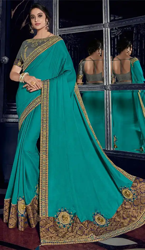 Alluring Cyan Color Two Tone Silk Party Wear Designer Saree - 405649050