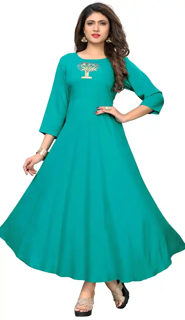Classy Sky Blue Color Rayon Party Wear Ready Made Kurtis For Girls - 404548820