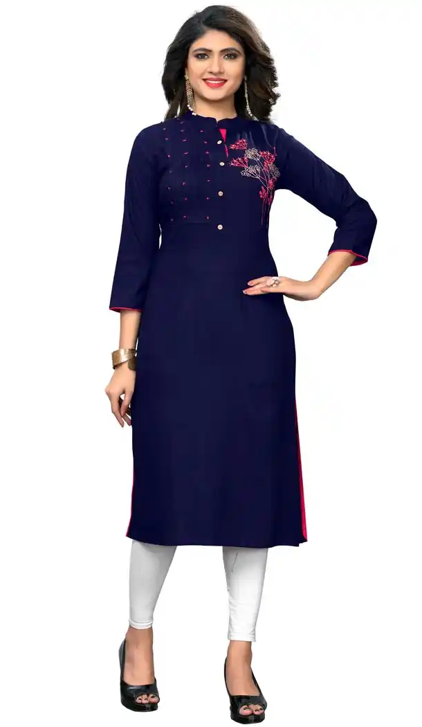 Exquisite Blue Color Rayon Party Wear Ready Made Kurtis For Girls - 404548825