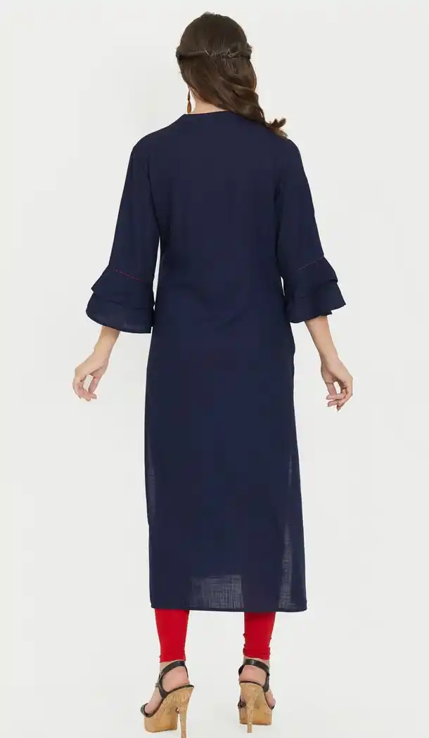 Exquisite Blue Color Slab Rayon Party Wear Ready Made Kurtis For Girls - 404548826