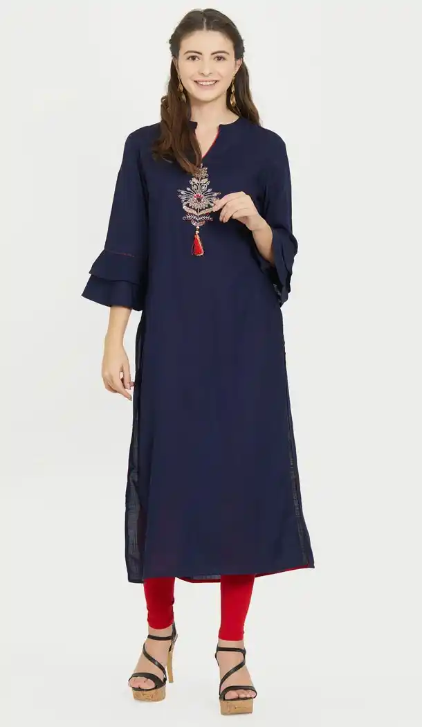 Exquisite Blue Color Slab Rayon Party Wear Ready Made Kurtis For Girls - 404548826