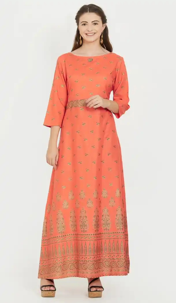 Charming Orange Color Rayon Party Wear Ready Made Kurtis For Girls - 404548827
