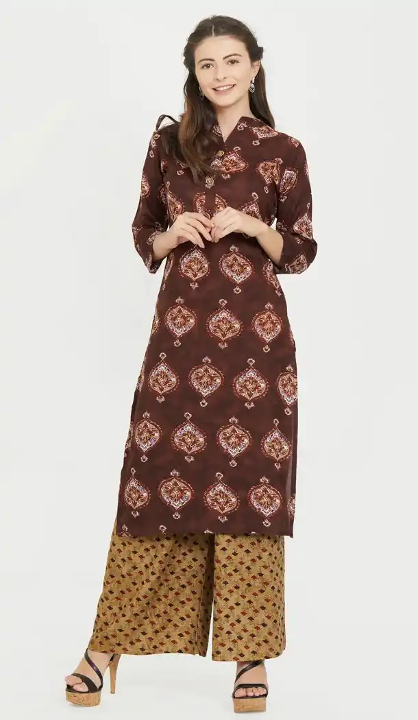 Charming Coffee Color Rayon Party Wear Ready Made Kurtis For Girls - 404548829