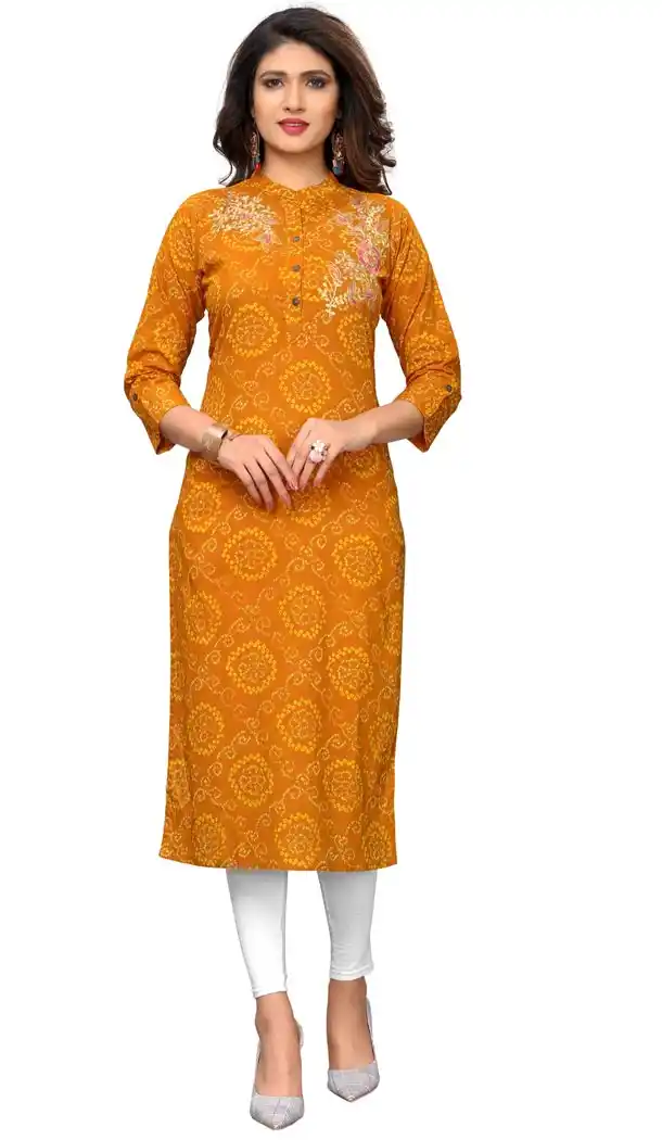 Yellow Color Cotton Party Wear Ready Made Kurtis For Girls - 404548830