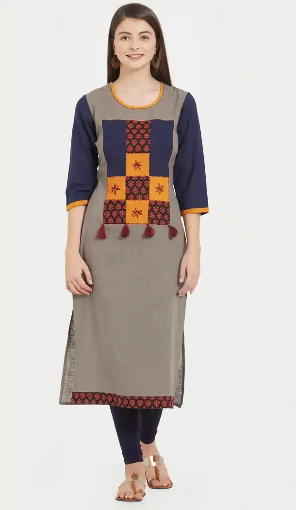 Ethnic Multi Color Slub Cotton Party Wear Ready Made Kurtis For Girls - 404548833