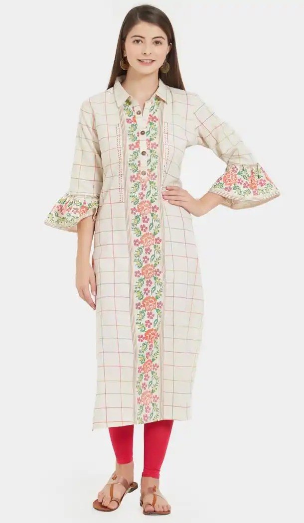 Classy Off White Color Flax Cotton Party Wear Ready Made Kurtis For Girls - 404548835
