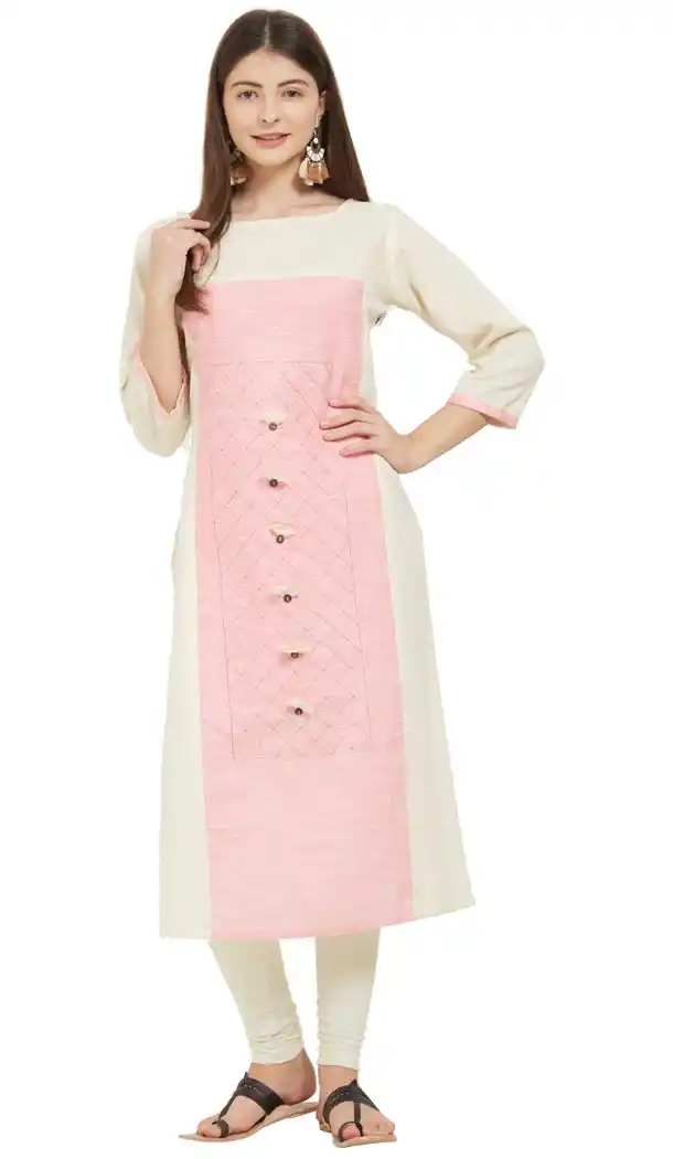Magnificient White and Pink Color Flax Cotton Party Wear Ready Made Kurtis For Girls - 404548838