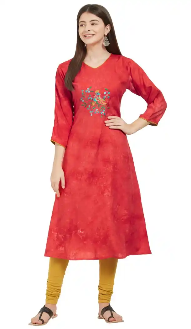Ravishing Red Color Rayon Party Wear Ready Made Kurtis For Girls - 404548844