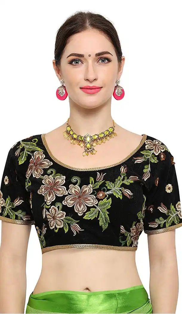 Black Color Velvet Party Wear Round Nack Readymade Blouse - 405749053
