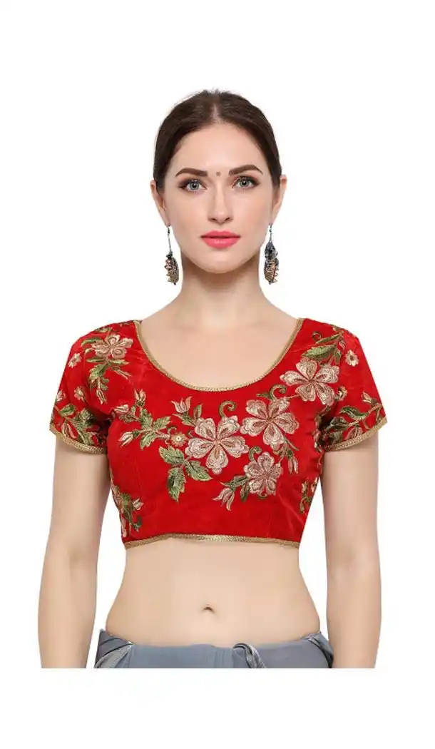 Red Color Velvet Party Wear Round Nack Readymade Blouse - 405749054