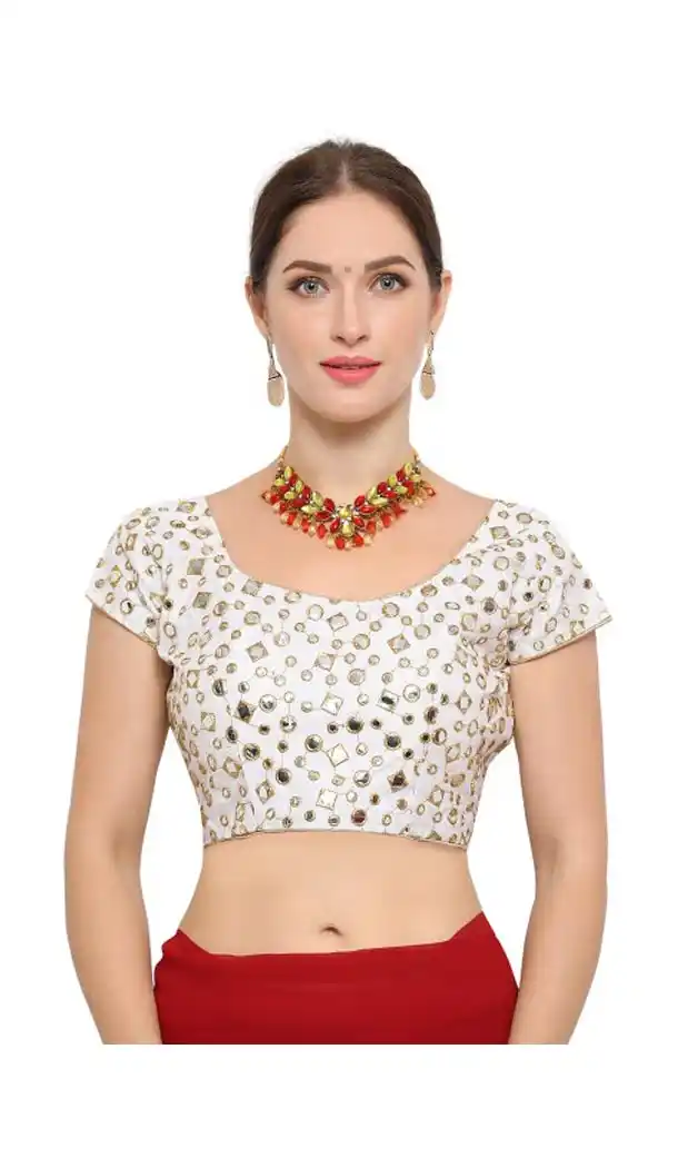 White Color Benglori Silk Party Wear Round Nack Readymade Blouse - 405749057